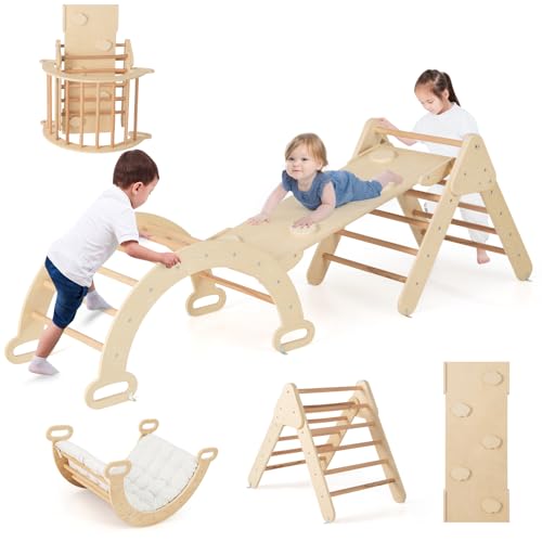 COSTWAY Kletterdreieck mit Rutsche, Kletterbogen, inkl. Kissen & doppelseitige Rampe, zum Klettern, Rutschen und Wippen, 4 in 1 Klettergerüst Indoor ab 1 Jahr (Holzfarbe)