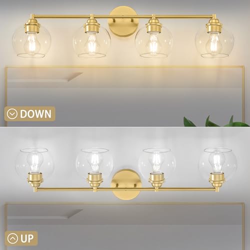 Image of Brushed Gold Bathroom Light Fixtures,4-Light Vanity Lights with Clear Glass,Mid Century Modern Bathroom Light Fixture Over Mirror