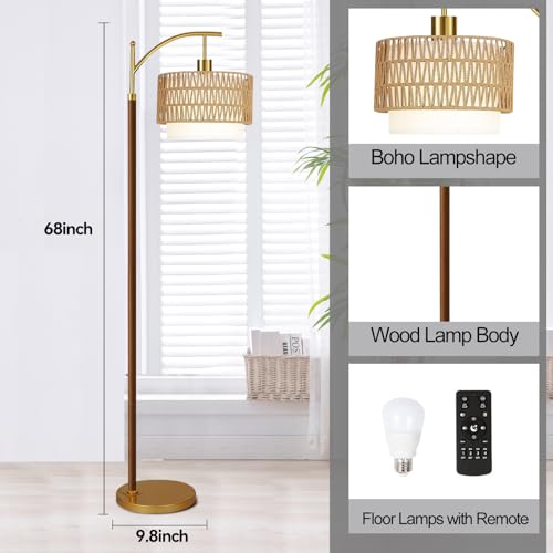 Image of ZECOXOL Boho Floor Lamps for Living Room Rattan Floor lamp with Remote Control & 3 Color Temperatures,Vintage Wood Mid Century Modern Standing Lamp Dimmable Tall Floor Lamp for Bedroom Corner