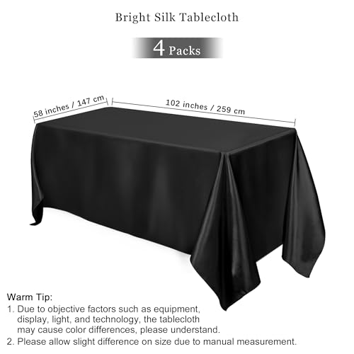 Image of TURSTIN 4 Packs Black Satin Tablecloth 102 x 58 Inch Overlay Satin Table Cover Rectangle Bright Silk Tablecloth Smooth Fabric Table Decoration for Wedding Banquet Party Events