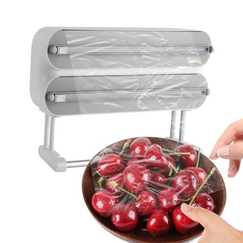 TONFEION Enrollador de film transparente montado en la pared, dispensador 3 en 1 con imán y soporte para rollos de pared para cocina, cafetería, restaurante