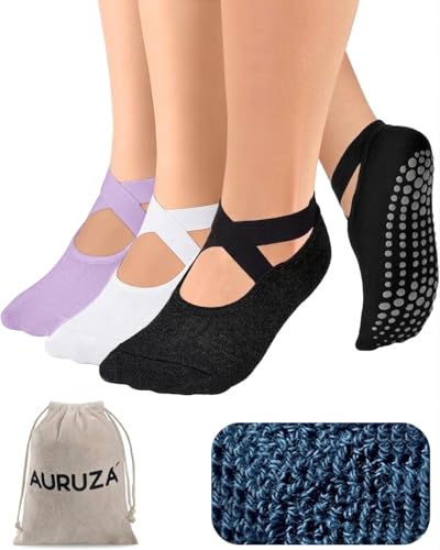Image of AURUZA Pilates Grip Socks for Women Non Slip Skid Yoga Socks with Grips Straps for Ballet Dance Workout Gripper Sock