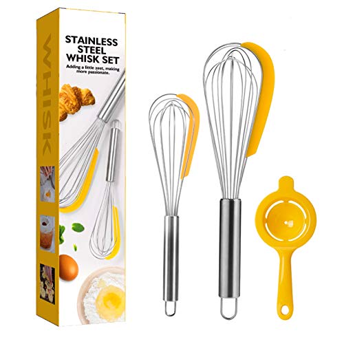 NVTED 2PCS Whisk Set with Egg Separator Stainless Steel Kitchen Balloon Whisk Set with silicone scraper for Blending Whisking Beating and Stirring