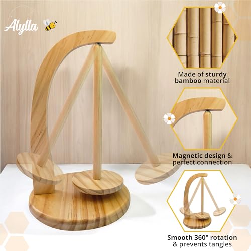 Image of Alylla Wooden Yarn Holder and Spinner, Crochet Organizer for Balls, Skeins and Spindles, Craft Caddy with Storage Bag for Accessories