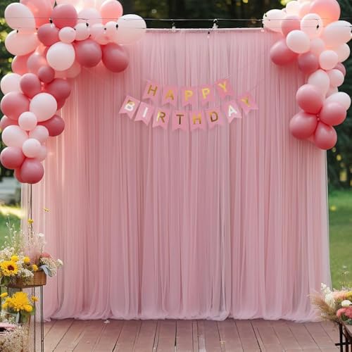 Image of White Net Backdrop Curtain Set for Decoration, 2 Pieces, 8 x 5 feet, for Wedding, Birthday, Anniversary, Engagement (Baby Pink)