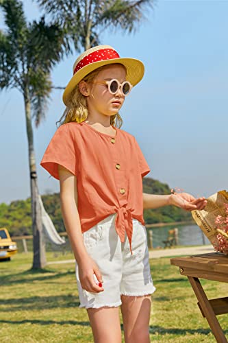 Yobecho Girl Kids Summer Tie Front Knot Short Sleeve Shirts Button Up Cute Tunic Tops Blouse Orange #TOP3