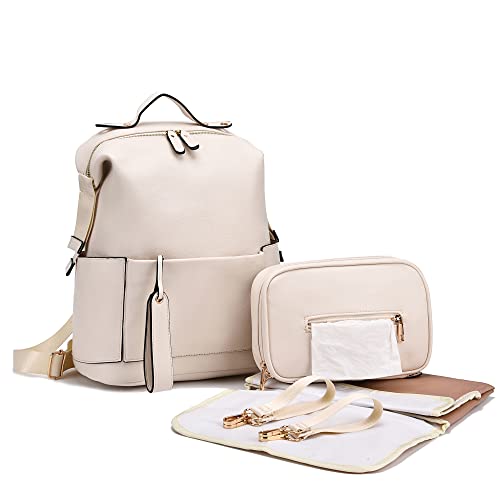 Image of ARDIKAMA Diaper Bag Backpack Leather Backpack for Women Travel Baby Bag Mother Outdoor Backpack with Changing Pad Stroller Straps(2 pieces) White