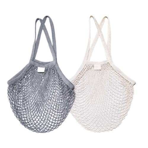 Bolsas de compras con hilo de algodón, bolsas de malla reutilizables para comestibles con asas largas para juguetes de playa, almacenamiento de frutas y verduras (2 unidades, beige/gris) red de com