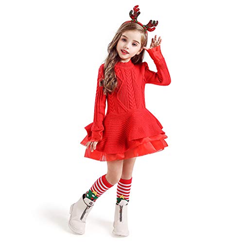 TTYAOVO Suéter para Niñas Vestido de Princesa de Punto de Manga Larga Tutú de Invierno Vestir 3-4 años(Talla110) 668 Rojo