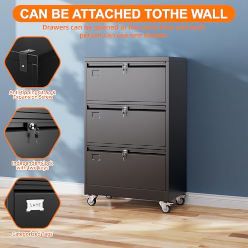 Image of Aobabo 3 Drawer Lateral File Cabinet with Wheels, Lockable Metal Filing Cabinet for Home Office, Legal /Letter Size,Black,Required Assembled