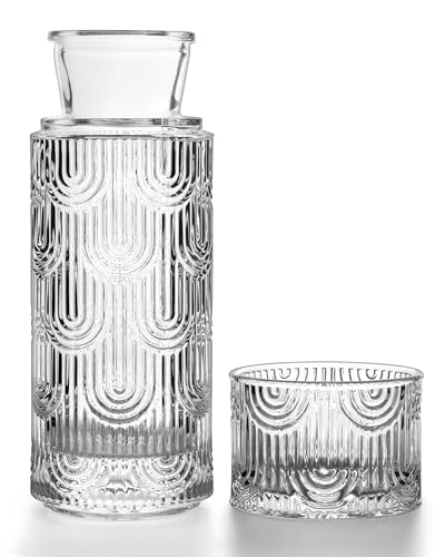 DmmyAlzx Bedside Water Carafe and Glass Set, Mouthwash Dispenser for Bathroom, 21.6 Oz Glass Water Bottles with 6 Oz Drinking Cup as Lid, Pitcher for Nightstand, Kitchen (Clear)