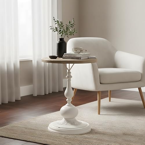 YUIlili Round Side Table Living Room, Vintage End Table, French Country Round Table with Cedar Wood Accent Table for Bedroom, Entryway, Home Decor White