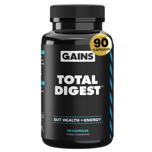 Gains in Bulk Total Digest, Digestive Enzymes, Prebiotics and Probiotics for Digestive Health, Bloating Support, Gut Health for Women and Men, Promotes Protein, Carb and Fat Digestion, 90 Capsules