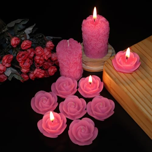 Image of Wax Scented Candles For Home Decor, Coconut Blossom Fragrance, Pillar And Floating Candles Combo, Pink Colour, Pack Of 10, 4 X 7 Cm