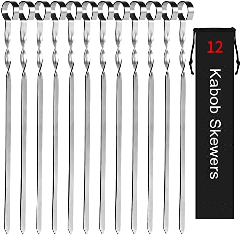 Kabob Skewers 14" Stainless Steel Long BBQ Barbecue Skewers, Flat Metal Kebob Sticks Wide Reusable Grilling Skewers for Meat Chicken, Set of 12pcs with Storage Bag by JY COOKMENT