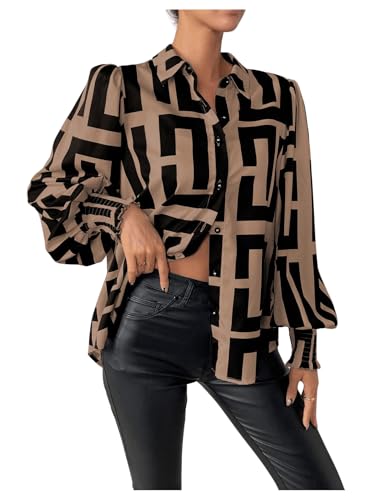 SweatyRocks Women's Graphic Print Long Lantern Sleeve Collar Neck Button Front Blouse Shirt Top3