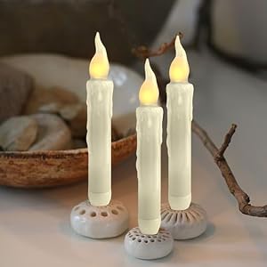 NJAO HOO Real Wax LED Flameless Taper Candles with Remote 67 Inches White Candlesticks Dripless Battery Operated Flame Rustic Primitive Flameless Lights Decor Pack of 4
