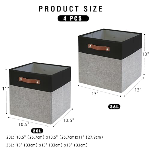 Image of Bagnizer Collapsible Fabric Storage Cube Bins with 2 Reinforced PU Handles, Foldable Storage Organizer Baskets for Closet, Shelves, Living Room | 13 inchx13 inchx13 inch, 4 Pack, Black & Gray