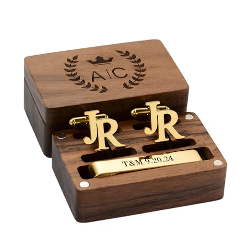 Customization Name Initial cufflinks for men,Stainless Steel Gold Alphabet cufflinks,Custom cufflinks wooden box，Gift for Men,Gift for Father's Day3