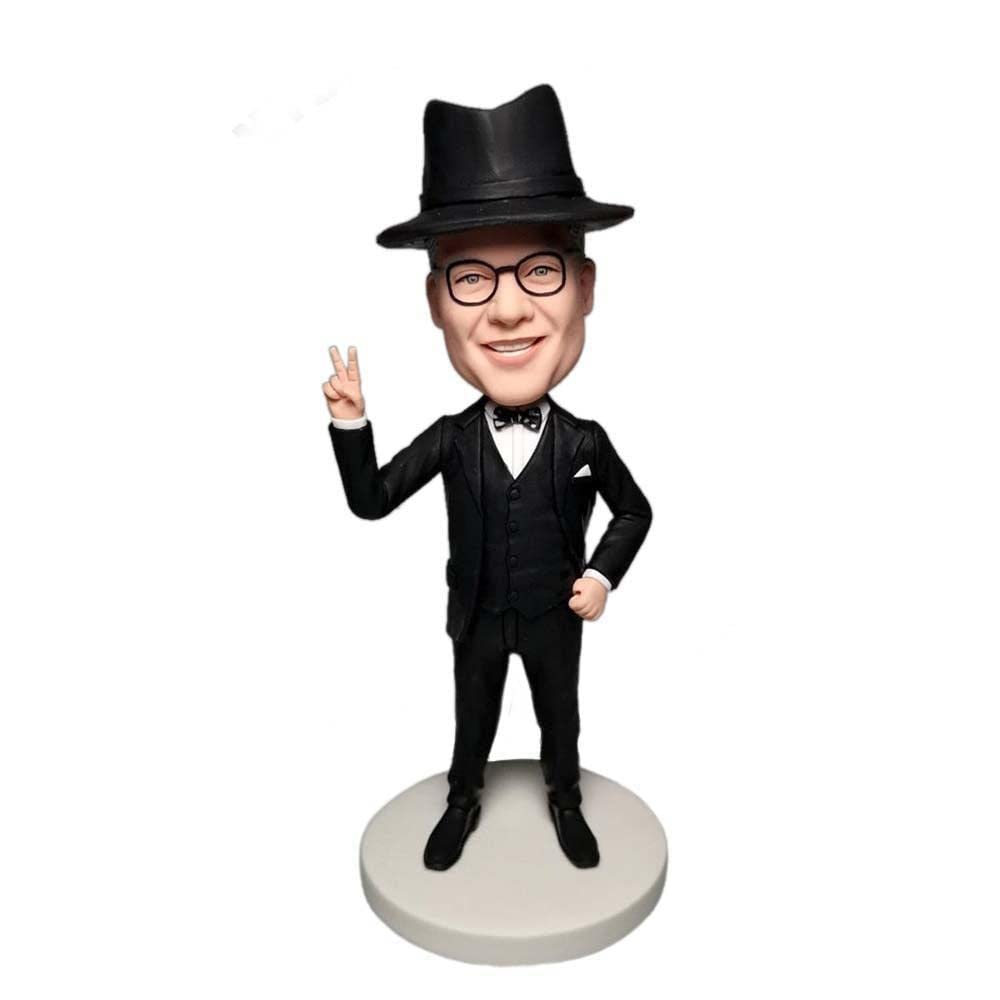 Cabezudos Figurita Muñeca Personalizada, Hombre con Traje Negro Cabezudos Personalizados, Figuras Cabeza de Bobble Regalo Esculturas Personalizadas Hechas a Mano