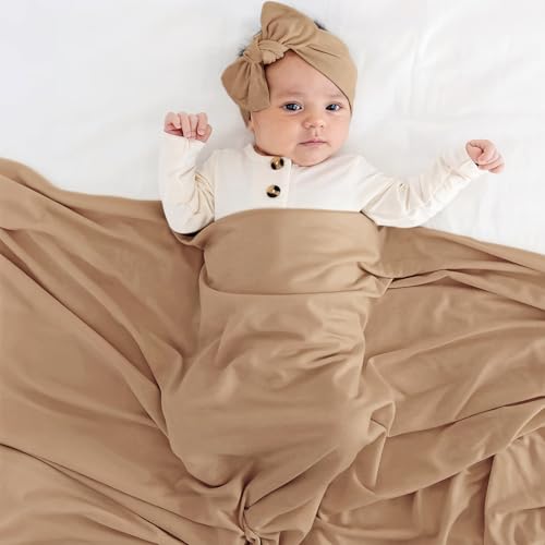 Image of GRSSDER Newborn Swaddle Blanket, Ultra Soft Jersey Receiving Blanket with Matching Headband and Beanie Set 33x44 inch, Stretchy Baby Neutral Swaddle Wrap for Girls and Boys