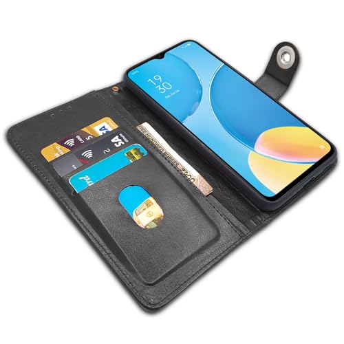 Image of Pikkme Oppo A15 / A15s Flip Cover Leather Finish | Inside TPU with Card Pockets | Wallet Stand and Shock Proof | Complete Protection Button Flip Case (Black)