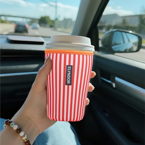 Image of Reusable Insulated Sleeve for Iced Coffee Cup, Coffee Neoprene Sleeve for Cold & Hot Drinks, Beverage Holder for Iced Coffee (Red Stripes, Large: 32oz)