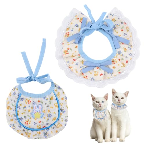 HACRAHO Breakaway Cat Collar,2 PCS Blue Floral Print Cat Collars with Bandana Adjustable and Breakaway Kitten Collars Kitty Necklace with Bow Tie(M)