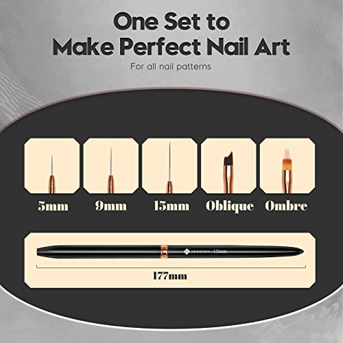 Aeocidy Nail Art Brushes Set - 5Pcs Nail Brushes Nail Liner Brush (5/9/15Mm) Ombre Nail Brush French Tip Nail Brush Gel Builder Brush Nail Polish Brush Nail Art Design Tools Metal Handle For Nails #TOP2