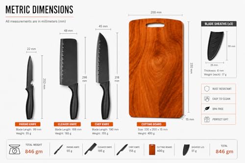 Image of 3 Knife Set with Wooden Chopping Board (4-Pcs) | Stainless Steel Kitchen Knife with Blade Cover and Eco-Friendly Cutting Board Multipurpose for Cut Vegetable, Fruit & Meat | Kitchen Knives Wood Board