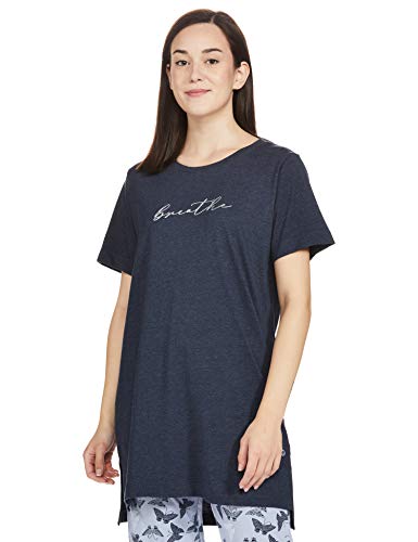 Image of Enamor Essentials Womens Relaxed Fit Short Sleeves Crew Neck Mid-Thigh Length Breathable Pure Cotton Tunic Tee with Side Slit - E061-(E061 Navy Melange W / Breathe XXL)
