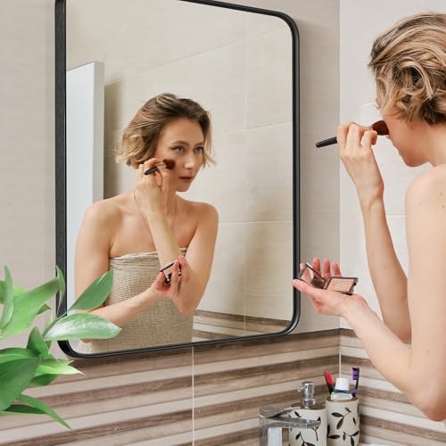 Image of DUMOS Black Metal Bathroom Mirrors for Over Sink, 30x21 Inch Wall Mounted Vanity for Restroom, Farmhouse, Corner, Horizontally or Vertically Hanging