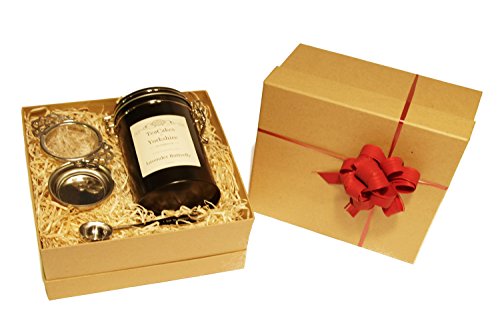 Lavender Green Tea Gift Set Butterfly #1 Flavoured Loose Leaf Wrapped 100g in Caddy with Tea Strainer and Measuring Spoon by TeaCakes of Yorkshire