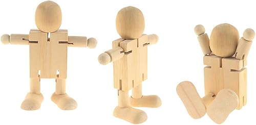 AKOAK 3 piezas divertidas y flexibles de madera natural robot juguetes para niños, marionetas de madera sin terminar DIY, dibujo para niños,
