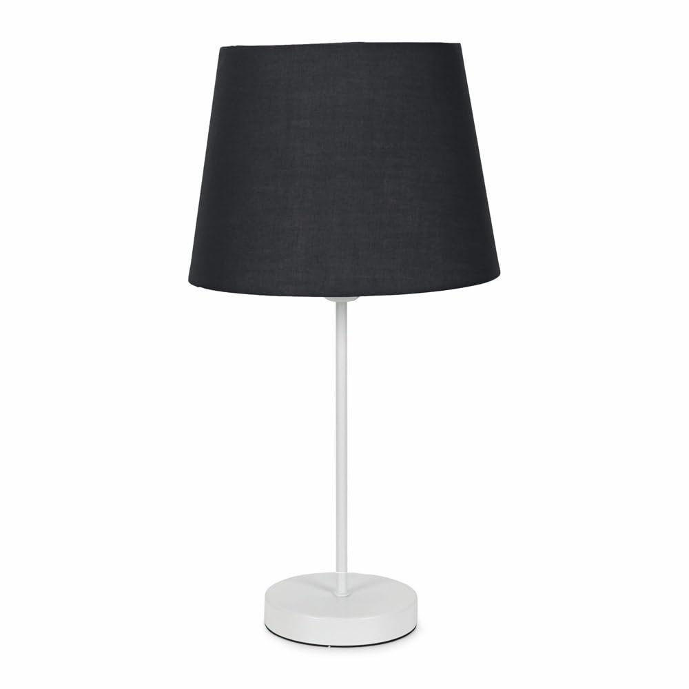 ValueLights White Metal Single Stem Table Lamp with Black Tapered Lampshade for Living Room Bedroom - LED Bulb Included