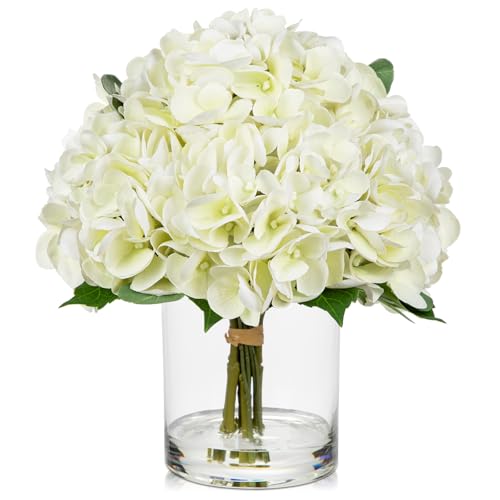 Hollyone Real Touch White Hydrangea Artificial Flowers in Vase Latex Large Faux Hydrangea Flowers Arrangements Hydrangeas Fake Flower with Glass Vase with Faux Water for Table Centerpiece Home Decor