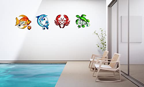 Metal Ocean Wall Sculptures Outdoor Wall Art Decor, Colorful Beach Pool Metal Turtle Outdoor Decor, Fish Crab And Dolphin Metal Wall Art, 2023 Upgrade Outside Hanging Beach Decor For Bathroom, Bedroom #TOP6