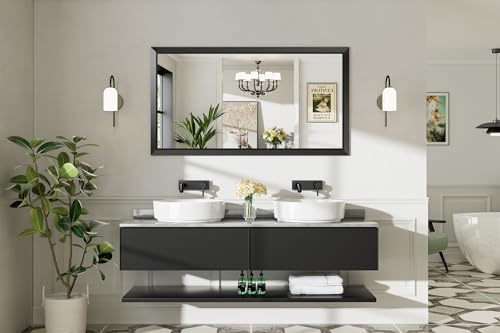 55x30 Inch Black Bathroom Mirror for Wall, Thick Metal Framed Rectangle Mirrors for Over Sink, Bedroom, Living Room, Entryway, Anti-Rust, HD Tempered Glass