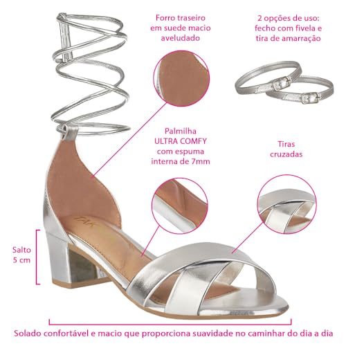 Sandália Feminina Salto Baixo Bloco Casual Metalizado Moda Tiras Cruzada Amarração (Prata, BR, Adult