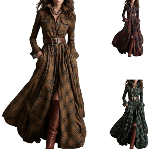 Women’s Plaid Maxi Dress 2025 Fall Western Long Dress Vintage V-Neck Long-Sleeve Lapel Button Down Pastoral Style Dresses (X-Large,Camel)