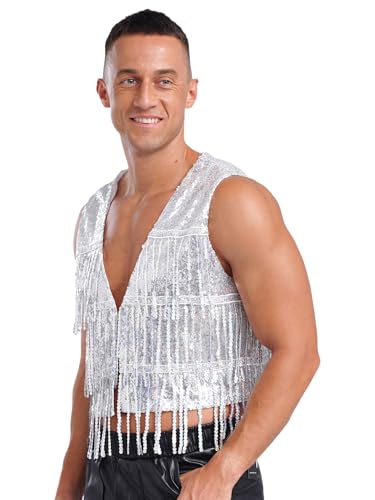 YiZYiF Men's Sequin Fringe Vest Sparkly Open Front Waistcoat Sleeveless Jackets Disco Vest Coat Tops3