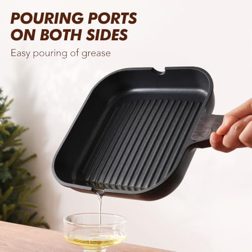 Image of SENSARTE Nonstick Grill Pan for Stove Tops, Versatile Griddle Pan with Pour Spouts, Square Grill Pan for Big Cooking Surface, Durable Grill Skillet for Indoor & Outdoor Grilling. PFOA Free, 11 Inch