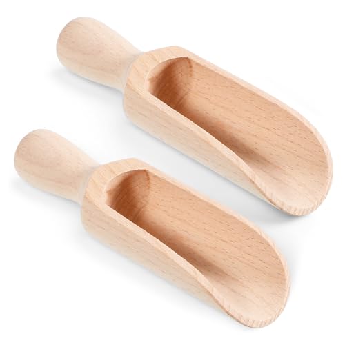 LIQWEI 2 Pcs Wooden Spoons, 5.5 In Natural Beech Wood Bath Salt Scoop for Flour, Bath Salt, Sugar, Cereal, Coffee and More - Multipurpose Wooden Spoon