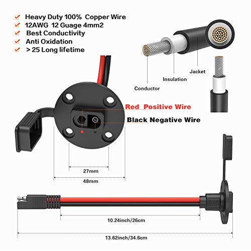 Kohree Sae Power Socket Sidewall Port Connector, 2 Pin Sae Quick Connect Solar Panel Flush Mount Connector Plug Cable Weatherproof 12Awg 13.2" W/ 8 Screws For Solar Generator Battery Charger, 2 Pcs #TOP4