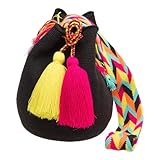 WAYUU mochila colombiana, autêntico padrão de crochê feito à mão boho crossbody, presentes Fairtrade original da Colômbia., Preto médio, Medium