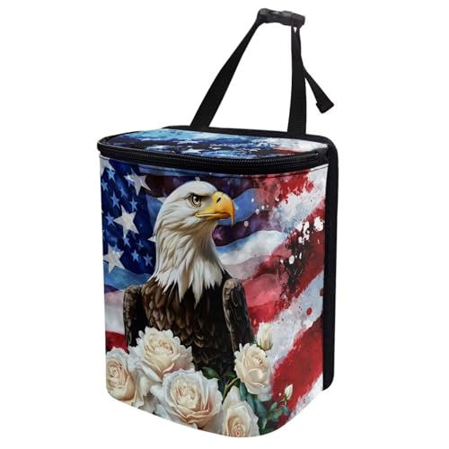Image of Talayituse Eagle Rose American Flag Print Car Trash Can Portable Auto Garbage Bin Paint Splatter Multifunctional Vehicle Interior Accessories with Adjustable Straps Universal Fit Truck SUV Sedan