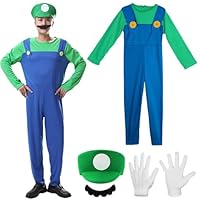 YeahBoom Mario Kostüm Luigi Kostüm Set,4 Stück Luigi Kostüme mit Mütze Bart Handschuhe,Super Bros Cosplay Kostüme,Männer Damen Erwachsene Outfit für Weihnachten Karneval Cosplay Faschingskostüme