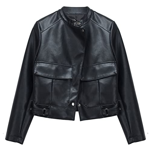 Veste cargo en cuir femme double poche boutons coupe slim