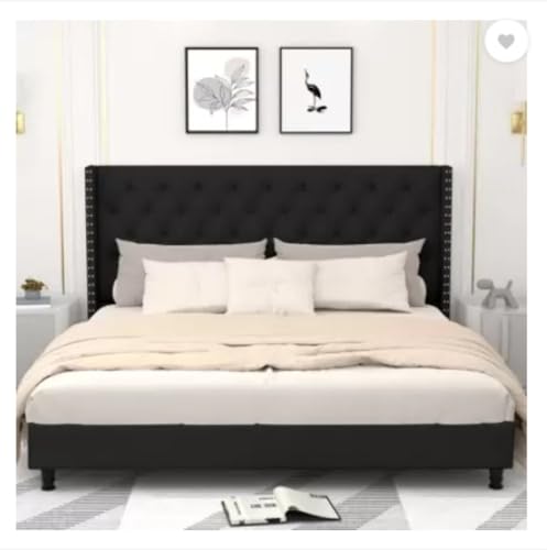 Image of Wooden Modern Upholstered King Size Bed for Bedroom | Wooden Double Bed Without Storage | Platform Cot Upholstered Bed with Upholstery Fabric | Engineered Wood | 6.5 x 6 Ft | Black Chosen