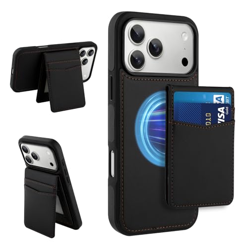 Étui portefeuille iPhone 17 Pro Max noir en cuir compatible MagSafe avec porte-cartes et support
